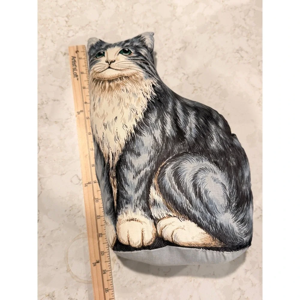 Vintage Grey Tabby Cat Cottagecore Fabric Grandmacore Decorative Pillow 14 Inch